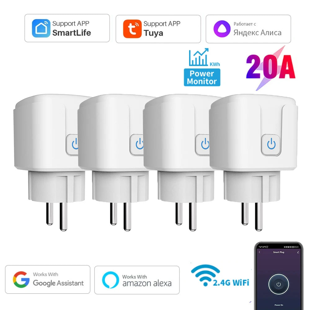 Tuya 16A,20A Smart Plug Wifi Socket EU Power Monitoring Timing Function Works with Alexa, Google Home, Alice, Smart Life Home